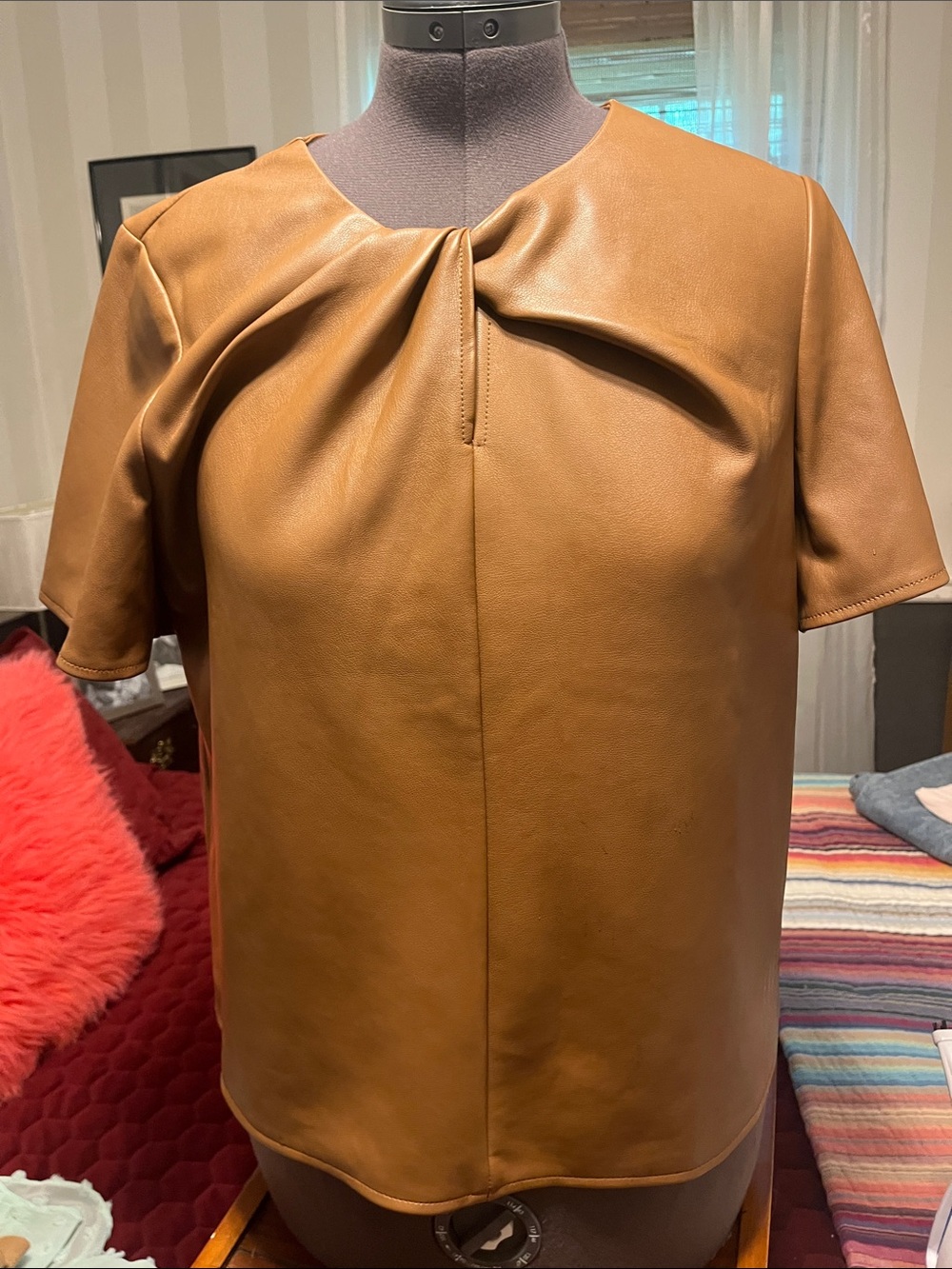Marc New York Faux Leather Short Sleeve Top - Caramel Brown